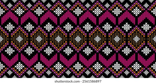 A striking geometric pattern in a bold color palette of pink, orange, white, and black. The design features a repeating motif of squares, crosses, and stars, creating a dynamic and energetic look. 