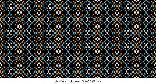 A striking geometric pattern in a bold color palette of blue, yellow, white, and black. The design features a repeating motif of squares and crosses, creating a dynamic and energetic look.
