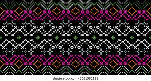 A striking geometric pattern in a bold color palette of pink, orange, green, white, and black. The design features a repeating motif of triangles, squares, and crosses, creating a dynamic and energeti