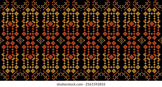 A striking geometric pattern in a bold color palette of orange and black. The design features a repeating motif of squares, crosses, and stars, creating a dynamic and energetic look.