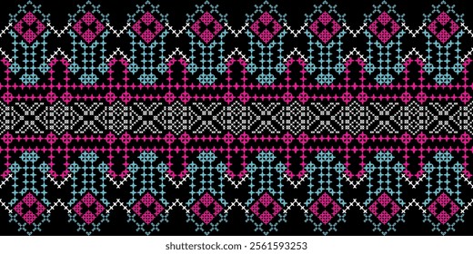 A striking geometric pattern in a bold color palette of pink, blue, white, and black. The design features a repeating motif of squares, crosses, and stars, creating a dynamic and energetic look. 