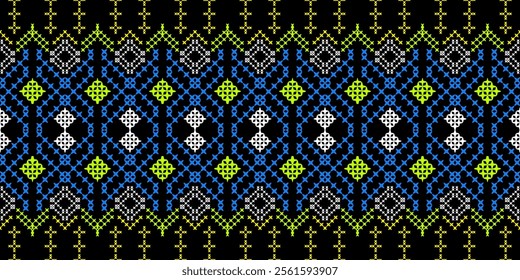 A striking geometric pattern in a bold color palette of blue, yellow, white, and black. The design features a repeating motif of squares, crosses, and stars, creating a dynamic and energetic look. 