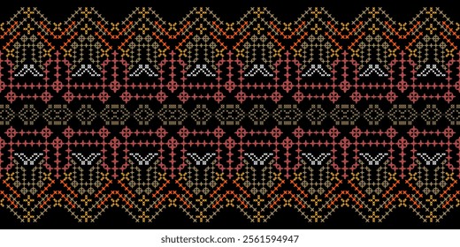 A striking geometric pattern in a bold color palette of red, orange, yellow, white, and black. The design features a repeating motif of triangles, squares, and crosses, creating a dynamic and energeti