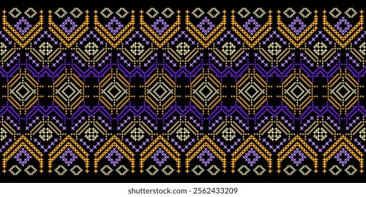 A striking geometric pattern in a bold color palette of purple, yellow, white, and black. The design features a repeating motif of triangles, squares, and crosses, creating a dynamic and energetic 