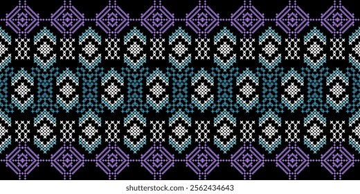 A striking geometric pattern in a bold color palette of purple, blue, white, and black. The design features a repeating motif of squares, crosses, and stars, creating a dynamic and energetic look.