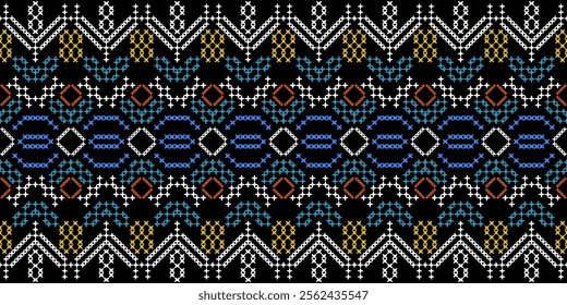 A striking geometric pattern in a bold color palette of blue, yellow, white, and black. The design features a repeating motif of triangles, squares, and crosses, creating a dynamic and energetic look.