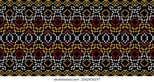 A striking geometric pattern in a bold color palette of red, yellow, white, and black. The design features a repeating motif of squares, crosses, and stars, creating a dynamic and energetic look.