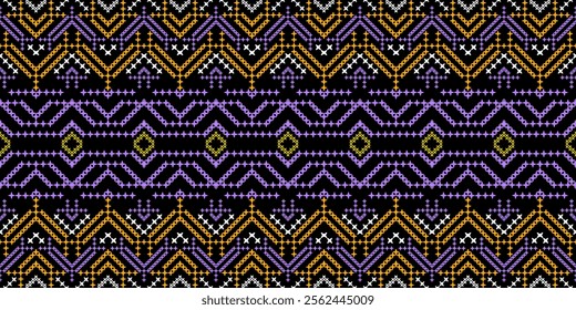A striking geometric pattern in a bold color palette of purple, yellow, white, and black. The design features a repeating motif of triangles, squares, and crosses, creating a dynamic and energetic