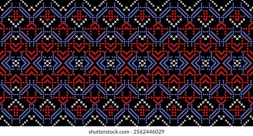 A striking geometric pattern in a bold color palette of red, blue, white, and black. The design features a repeating motif of triangles, squares, and crosses, creating a dynamic and energetic look. 