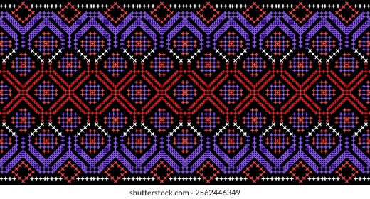 A striking geometric pattern in a bold color palette of red, purple, white, and black. The design features a repeating motif of triangles, squares, and crosses, creating a dynamic and energetic look. 