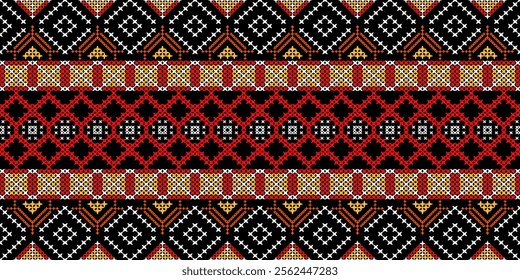 A striking geometric pattern in a bold color palette of red, orange, yellow, white, and black. The design features a repeating motif of triangles, squares, and crosses, creating a dynamic 