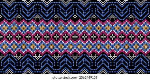A striking geometric pattern in a bold color palette of pink, blue, yellow, white, and black. The design features a repeating motif of triangles, squares, and crosses, creating a dynamic and energetic