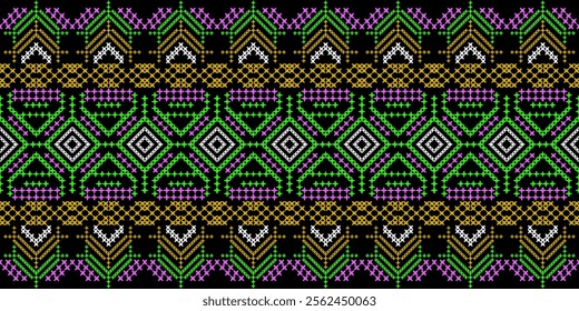 A striking geometric pattern in a bold color palette of pink, green, yellow, white, and black. The design features a repeating motif of triangles, squares, and crosses, creating a dynamic 
