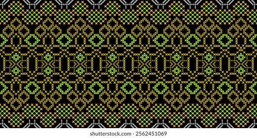 A striking geometric pattern in a bold color palette of green, yellow, white, and black. The design features a repeating motif of squares, crosses, and stars, creating a dynamic and energetic look. 