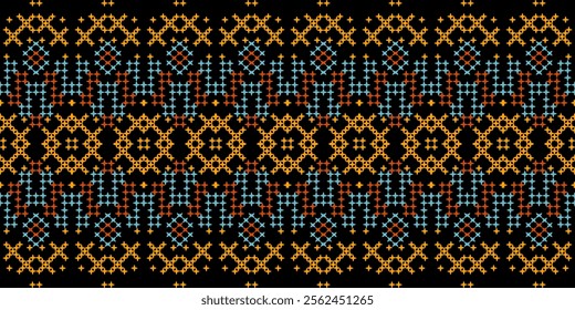 A striking geometric pattern in a bold color palette of orange, blue, white, and black. The design features a repeating motif of squares, crosses, and stars, creating a dynamic and energetic look. 
