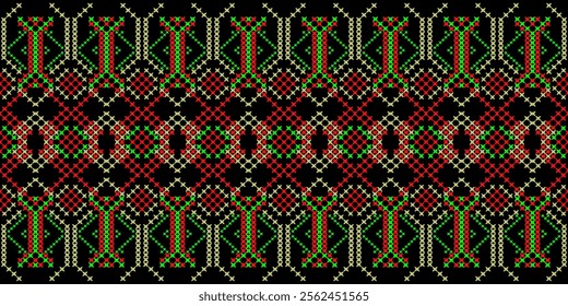 A striking geometric pattern in a bold color palette of orange, blue, white, and black. The design features a repeating motif of squares, crosses, and stars, creating a dynamic and energetic look.