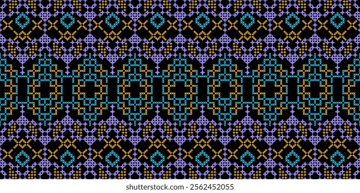 striking geometric pattern in a bold color palette of purple, blue, yellow, and black. The design features a repeating motif of squares, crosses, and stars, creating a dynamic and energetic look.