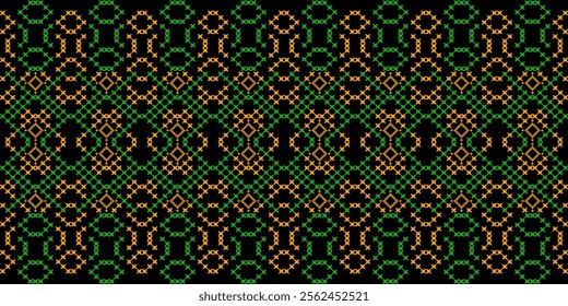 A striking geometric pattern in a bold color palette of green, yellow, and black. The design features a repeating motif of squares, crosses, and stars, creating a dynamic and energetic look. 
