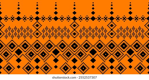 A striking geometric pattern in a bold orange and black color palette. The design features a repeating motif of diamonds, triangles, and squares, inspired by traditional Thai art.