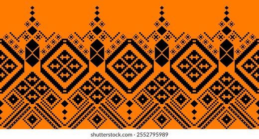 Un llamativo patrón geométrico en una llamativa paleta de colores naranja y negro. El diseño presenta un motivo repetitivo de diamantes, cuadrados y cruces, inspirado en el arte étnico tradicional.