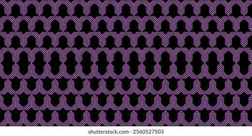 A striking geometric pattern in a bold purple and black color palette. The design features a repeating motif of hexagons and diamonds, creating a hypnotic and mesmerizing effect. 