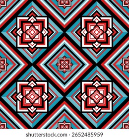 A striking geometric pattern composed of repeating diamond shapes and floral elements in bold red blue black and white