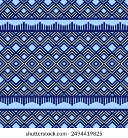 A striking geometric pattern featuring a combination of diamonds, chevrons, and vertical lines in a cohesive color scheme of navy blue, light blue, green, and yellow. 