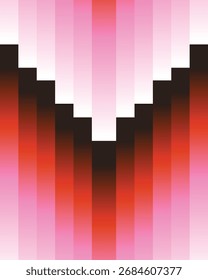 Un llamativo patrón geométrico con rayas de Vertical y una forma de flecha, renderizado en rosa, rojo y negro. Ideal para fondos y diseños con un toque moderno.