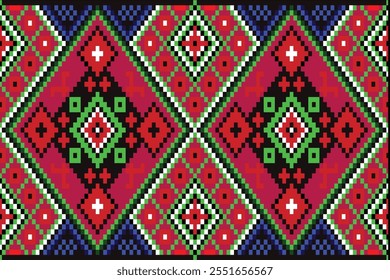 “A striking geometric pattern in red, black, and white, featuring bold diamond shapes and symmetrical designs. This traditional motif highlights cultural heritage with its sharp contrasts and structur