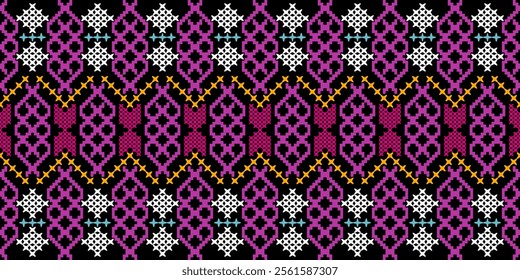 A striking geometric pattern in a vibrant color palette of pink, blue, orange, and white on a black background. The design features a repeating motif of stylized flowers and intricate lines, creating 