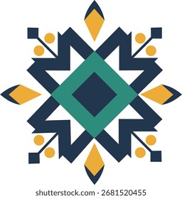 Um impressionante design geométrico floco de neve com um diamante azul-petróleo central, rodeado por formas angulares azul-marinho e acentos de diamante amarelo brilhante, todos isolados em um fundo branco limpo.