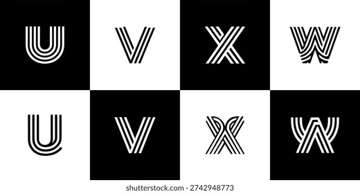 Striking geometric striped letters U, V, X, W in vector format, ideal for stylish apparel design, sports logos, or unique brand identity creation.