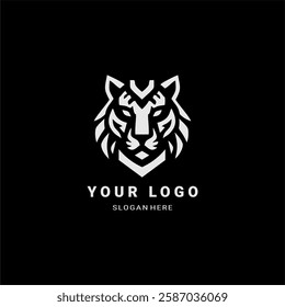 A striking geometric tiger logo in black and white, ideal for branding, sports teams, apparel, and corporate identity. Sleek, bold, and powerful design.