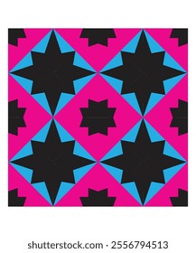 A striking geometric tile with black and pink star-shaped floral elements in a unique arrangement