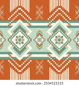 Un llamativo patrón tribal geométrico en naranja, verde y beige, con motivos del suroeste y Formas simétricas en un diseño audaz y repetitivo