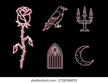 A striking gothic collection featuring roses, a raven, candles, and celestial symbols.