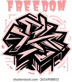 A striking graffiti logo design featuring the word FREEDOM above an abstract and dynamic street art composition in pink tones. This bold urban lettering artwork expresses the spirit of rebellion