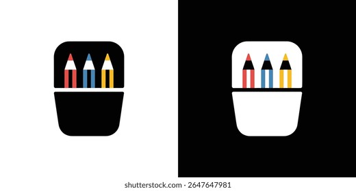 Arte gráfica impressionante mostrando três lápis de cor em um recipiente, renderizados em esquemas de cores complementares em preto e branco, destacando o contraste e elementos de design minimalistas.