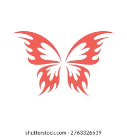 A striking graphic of a butterfly with flame shaped wings predominantly red and white
