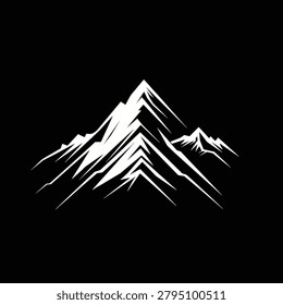 A striking graphic depicts a mountain range in stark white against a deep black backdrop. The composition features sharp angles and linear elements, suggesting a simplified or stylized artistic approach. This high-contrast image might be suitable for various design applications, including illustrations and digital art.