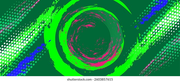 A striking graphic design background using green as the base and a swirling circle in the center, surrounded by pink and with blue line patterns at the edges.
