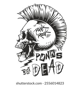 A striking graphic design features a skull with a tall mohawk hairstyle embodying punk rock culture. The artwork boldly states that punk is not dead reflecting the genre's enduring spirit.