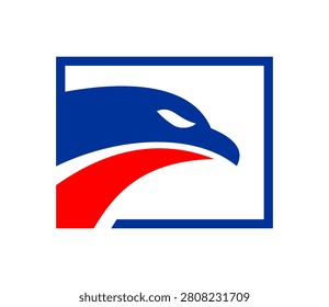 A striking graphic design featuring the profile of an eagle's head, rendered in bold blue and red colors, enclosed within a distinct square border.