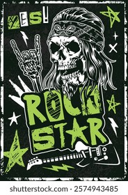 A striking graphic design featuring a skull adorned with a bandana and long hair. The artwork emphasizes a rock star theme with bold green colors and electric guitar imagery.