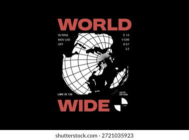 Un llamativo Diseño gráfico con un globo con un patrón de cuadrícula blanca con masas de tierra negras, acompañado de un audaz texto rojo WORLD y WIDE, todo sobre un fondo negro minimalista.