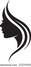 Un Diseño gráfico llamativo con el perfil de una mujer y el pelo estilizado que fluye.