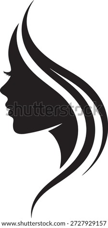 A striking graphic design featuring a woman's profile and stylized flowing hair.