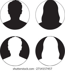 Un llamativo Diseño gráfico que muestra cuatro Imágenes de perfil circular con distintos estilos de siluetas en blanco y negro.