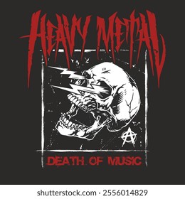 A striking graphic displaying a skull with lightning bolts set against a dark background. The words heavy metal and death of music are prominently featured in bold lettering.