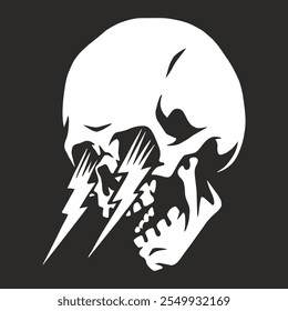 A striking graphic features a white skull with bold lightning bolts piercing through the eye sockets set against a dark background emphasizing a dynamic and edgy aesthetic.